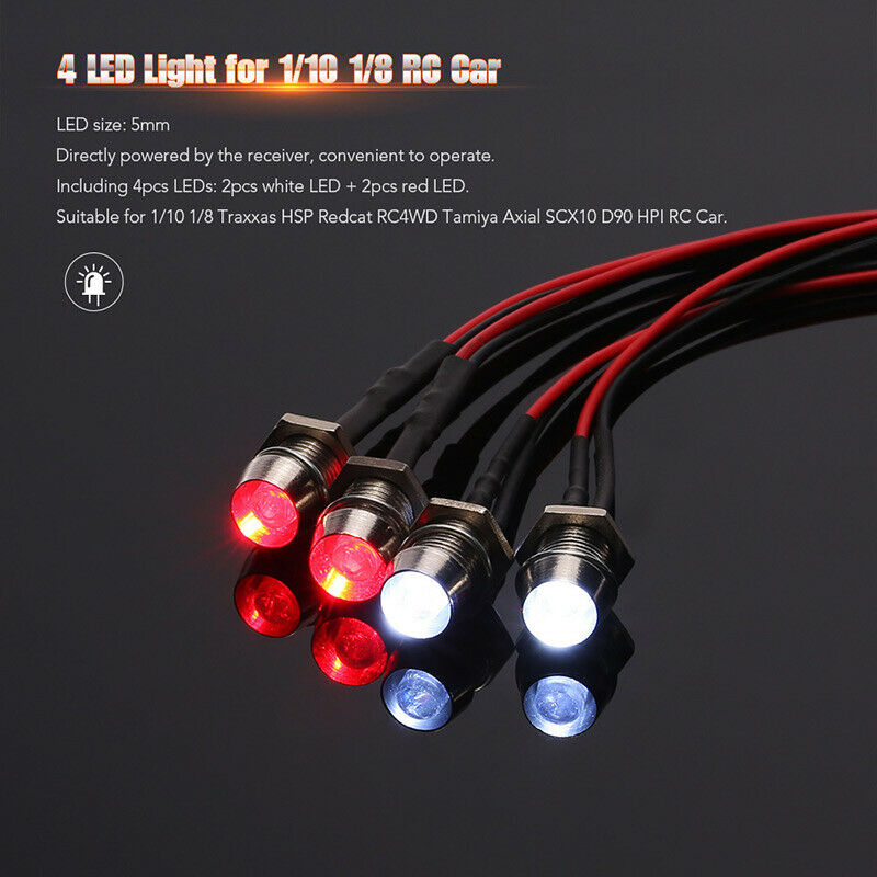 4 LED Lights Kit 2 White 2 Red for 1/10 1/8 Traxxas HSP Redcat RC4WD Tamiya AxE8