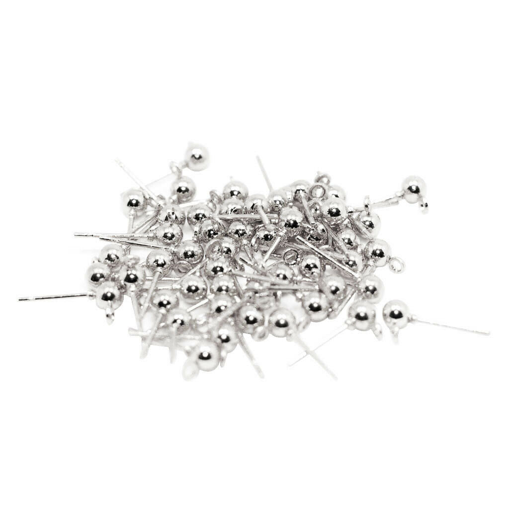 50x Ball Ear Pin Studs Earring Posts with Loop Jewelry Making Supply 15x6mm