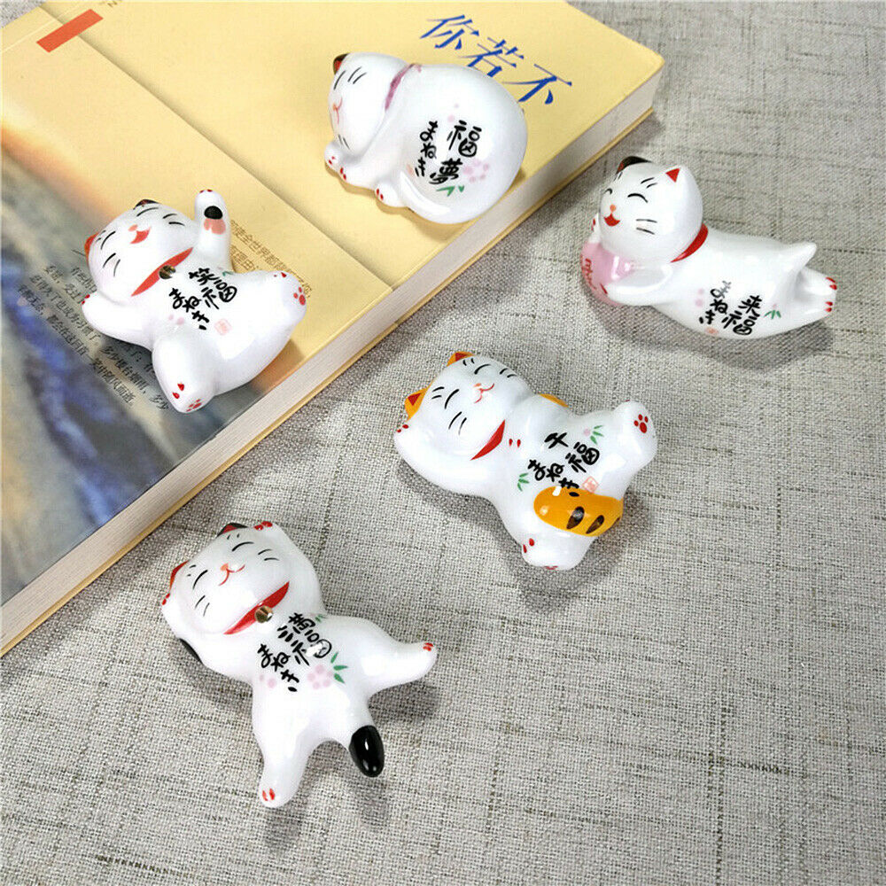 5Pcs Japanese Lucky Cat Ceramic Chopstick Holder Spoon Rest Rack Decor Cutlery