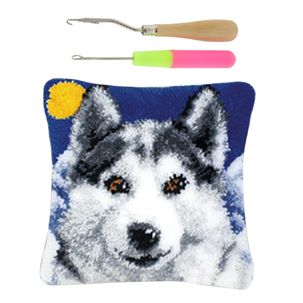 Pillow Latch Hook Kit with Tools Printed Wolf Pattern DIY Gift for Women Men