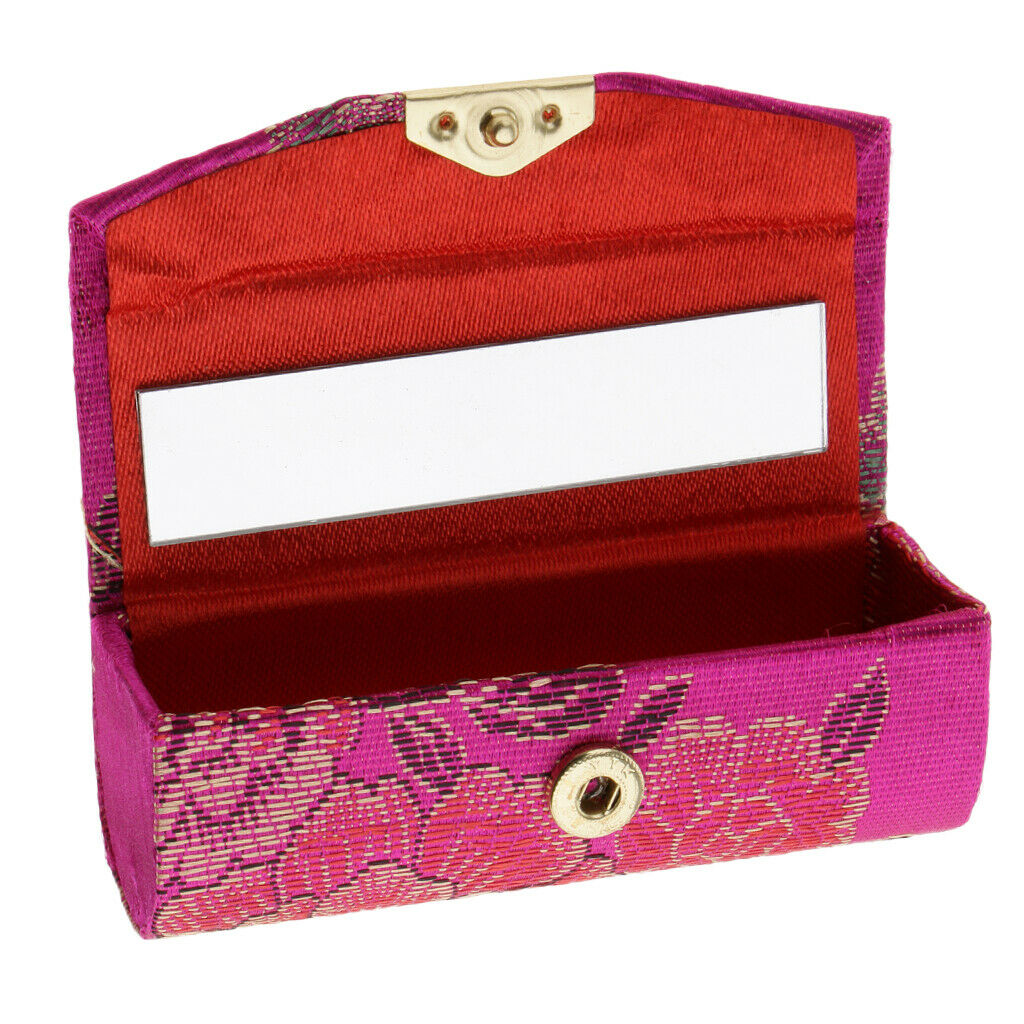Flower Design Retro Lipstick Case Brocade Embroidered Holder Box w/ Mirror