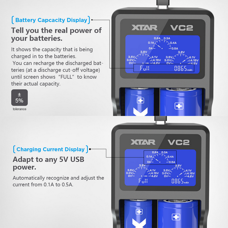 For XTAR VC2 Battery Fast Charger USB LCD Display for 18350 20700 21700 18650