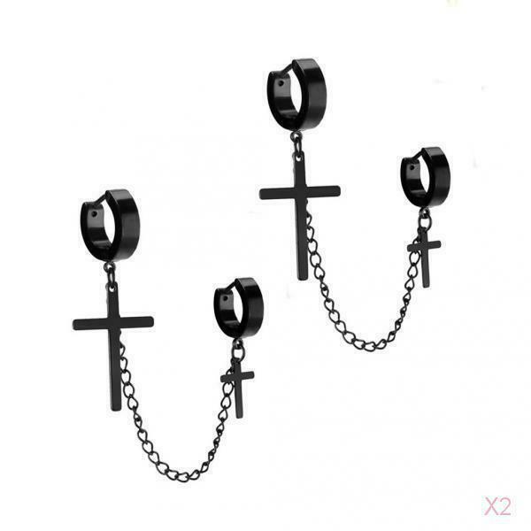 2pcs Stainless Steel Double Cross Dangle Chain Men's Hoop Earrings Black
