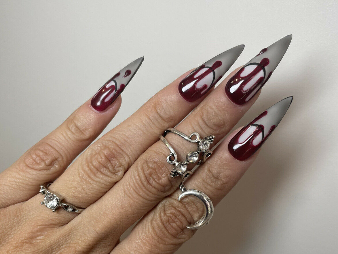 press on nails long stiletto bloody effect halloween