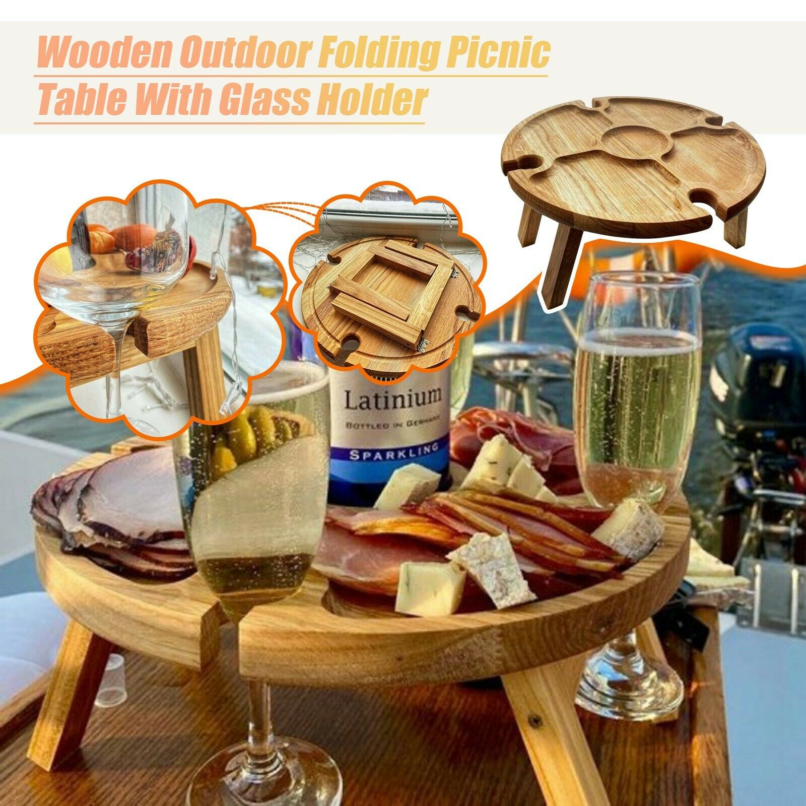 Wooden Outdoor Folding Picnic-Table With Glass Holder 2 In 1 Wine Glass Rack