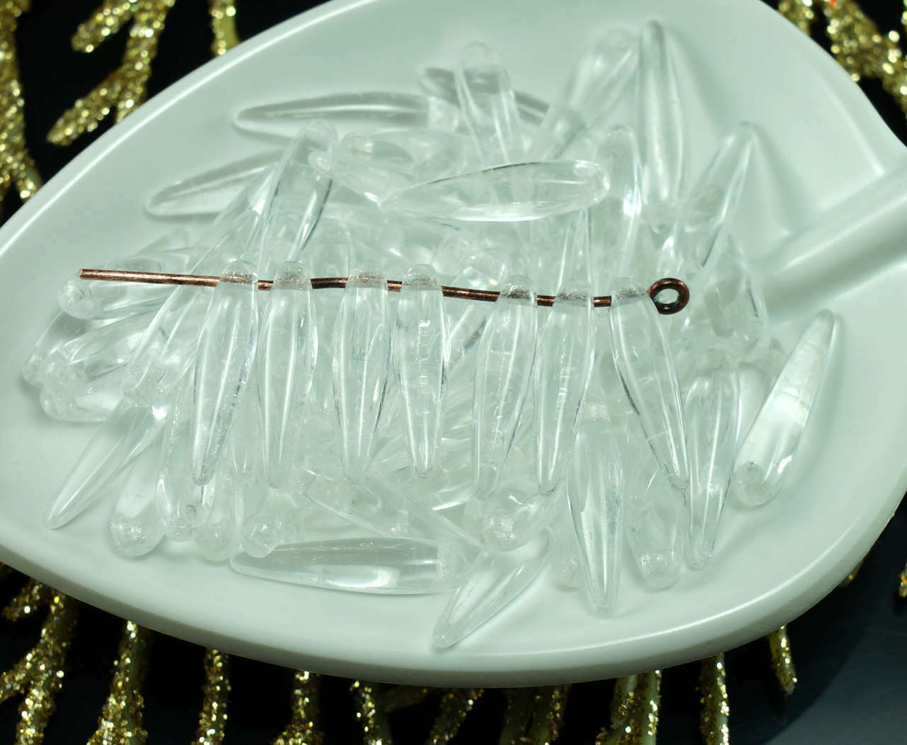 Crystal Clear Czech Glass Dagger Beads Flat Leaf 15mm x 4mm 50pcs