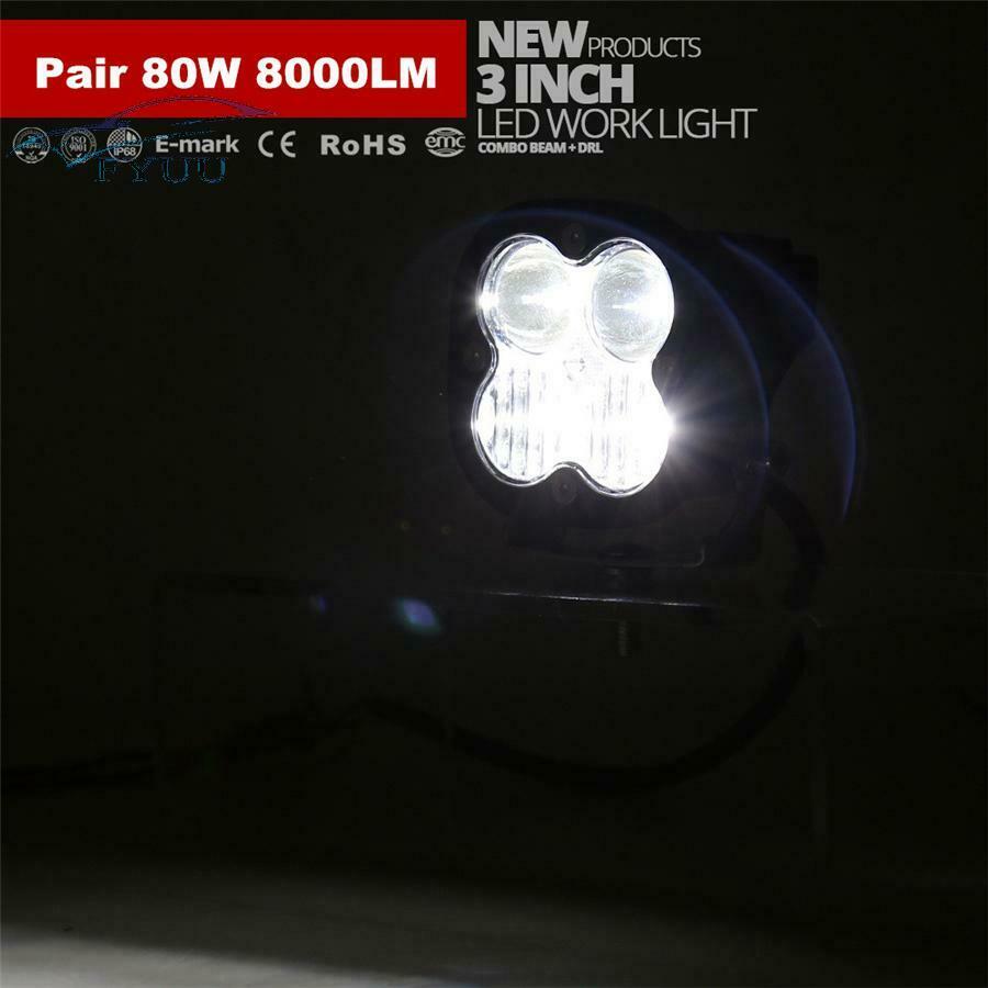 2Pcs 3.1" 80W LED Work Light Bar Combo Offroad Atmosphere Driving Fog RGB DRL