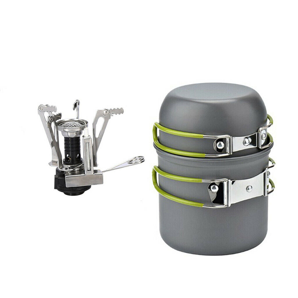 Portable Aluminum Outdoor Cookware Mess Kits Pot Pan Mini Stove Camp Equipment