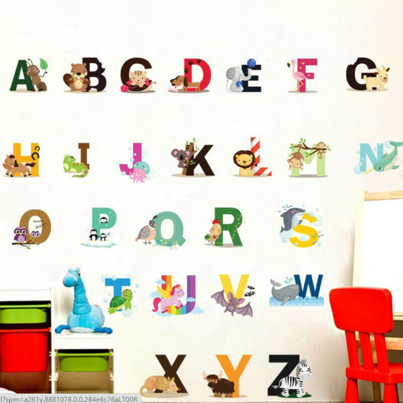 Cartoon Jungle Wild 26 Letters Alphabet Animals Wall Stickers for Kids Ro.l8