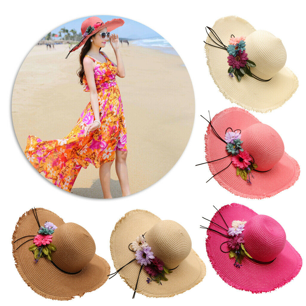 Summer Fashion Women's Wide Brim Straw Soft Hat Beach Sun Hat UPF50+ Rose