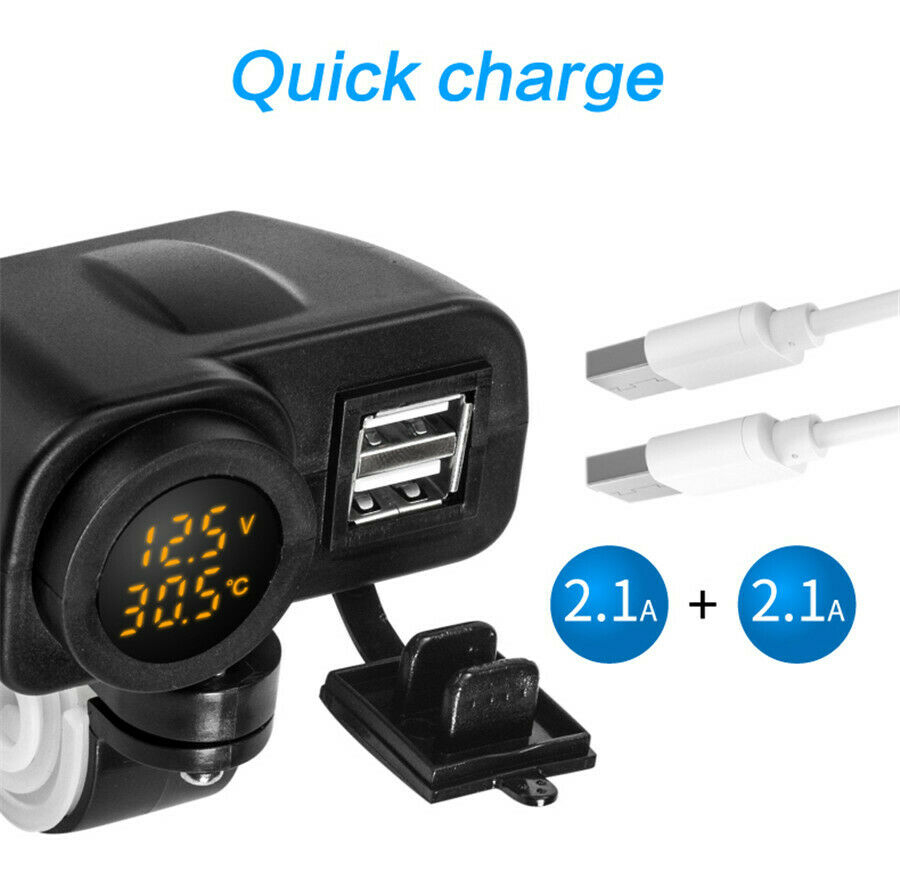 Motorcycle Bike Dual USB Charger 4.2A Digital Yellow LED W/ Phone Location Chip