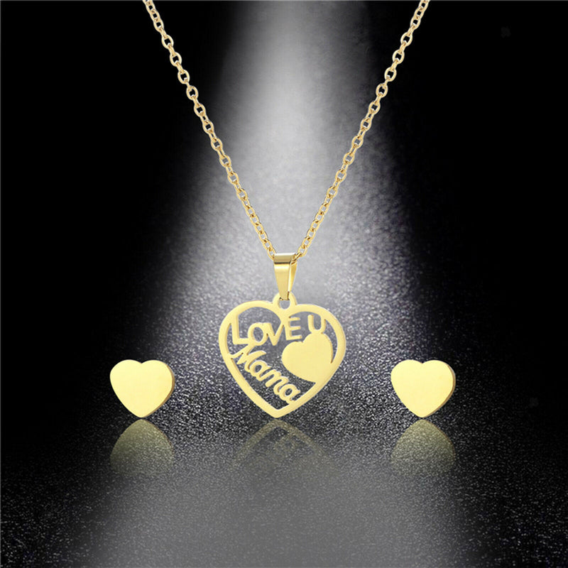 Love Mom Pendant with 2 Ear Stud Earrings Christmas Birthday Jewelry Gifts