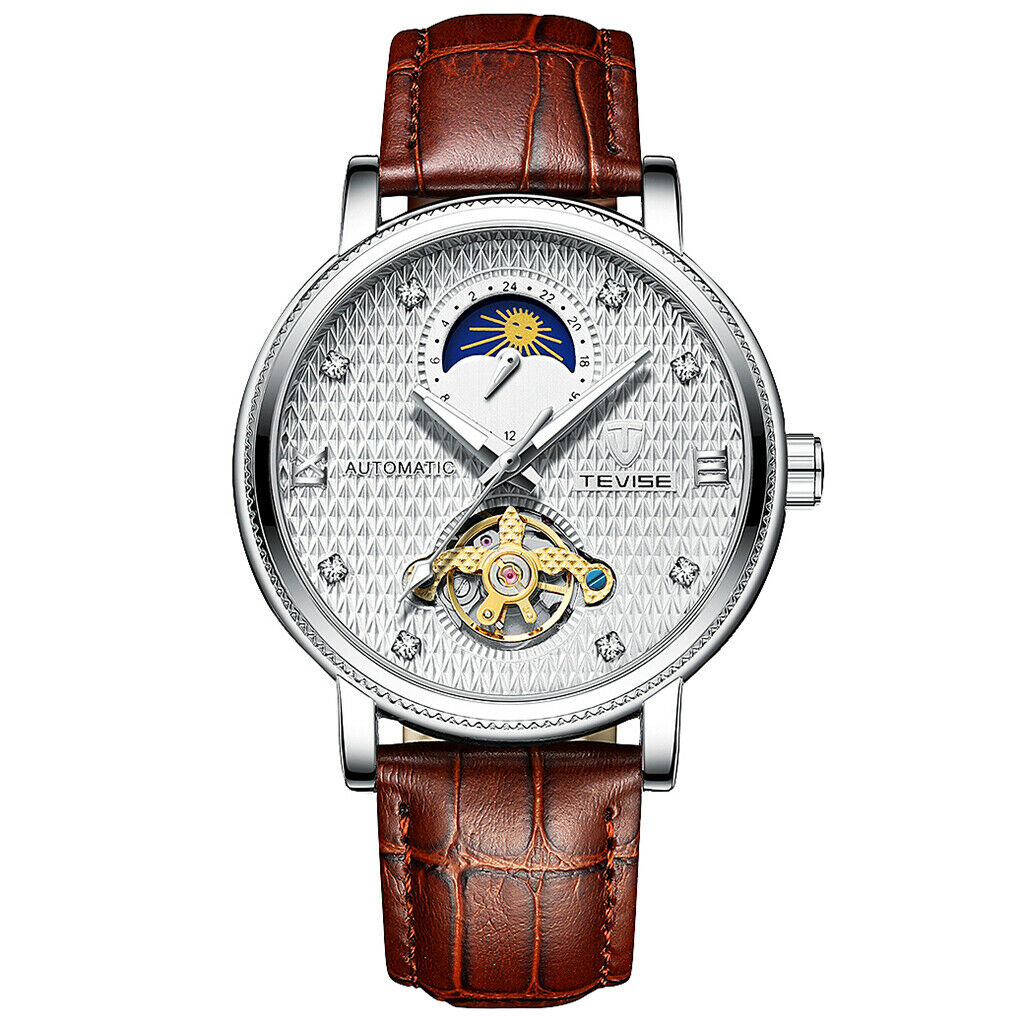 Men Luminous Automatic Mechanical Watch Leather Band Wristwatch Brown