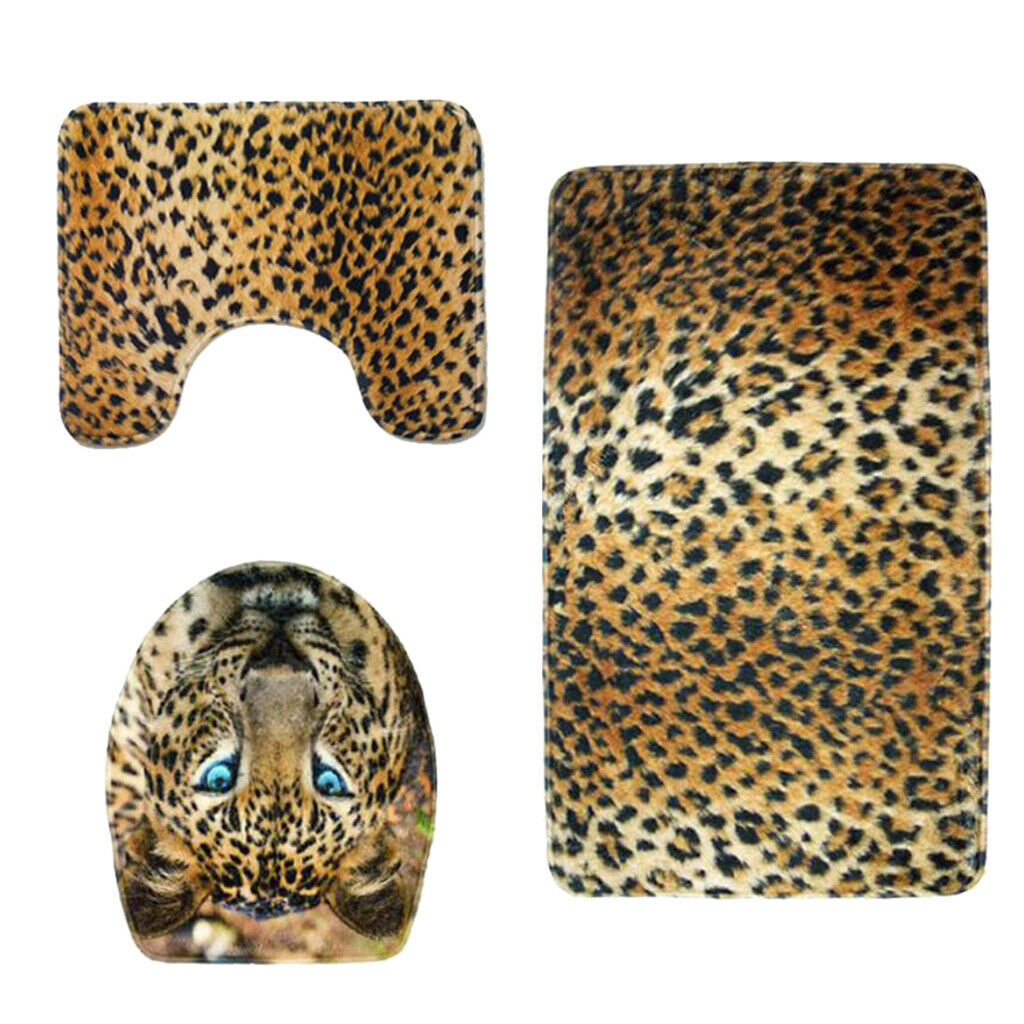 3 Pieces Flannel Toilet Lid Non Slip Bath Mat Bathroom Rug Set Leopard
