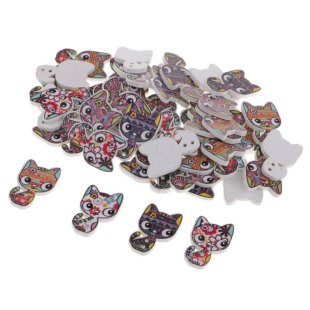 50Pcs Cartoon Animal Cat Wood Buttons Sewing Crafts Accessories 26*17mm
