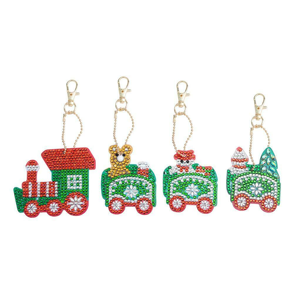 4pcs DIY Full Drill Special-Shape Diamond Painting Christmas Train Keychain @