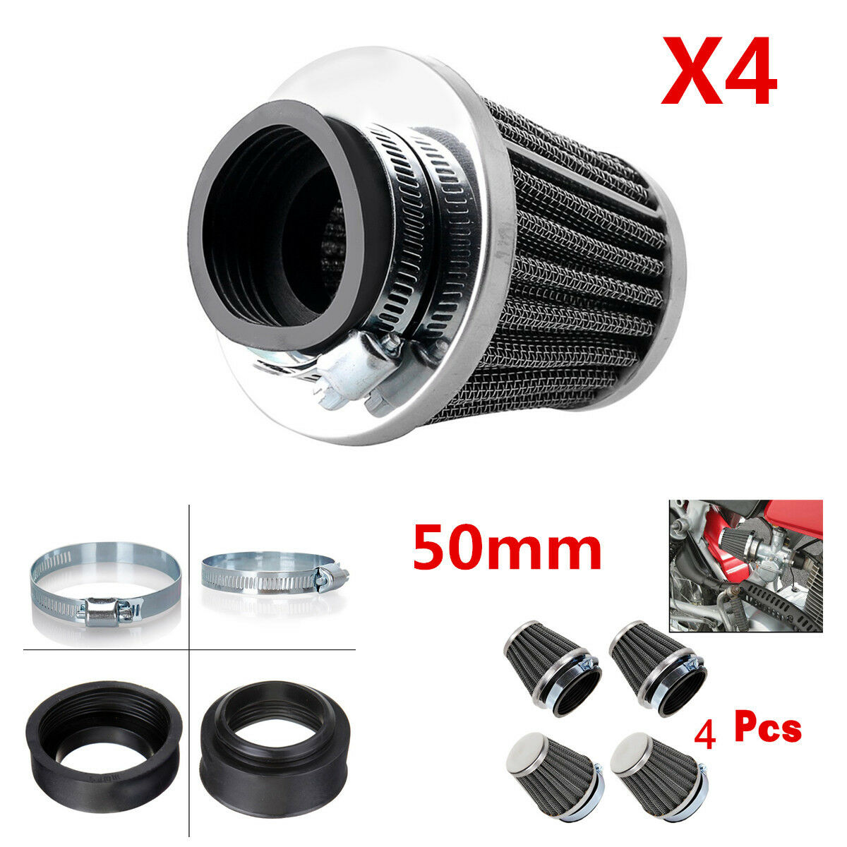 4x50mm Universal Tapered Pod Air Filters Clean Cleaner for Motorcycle Cafe Racer