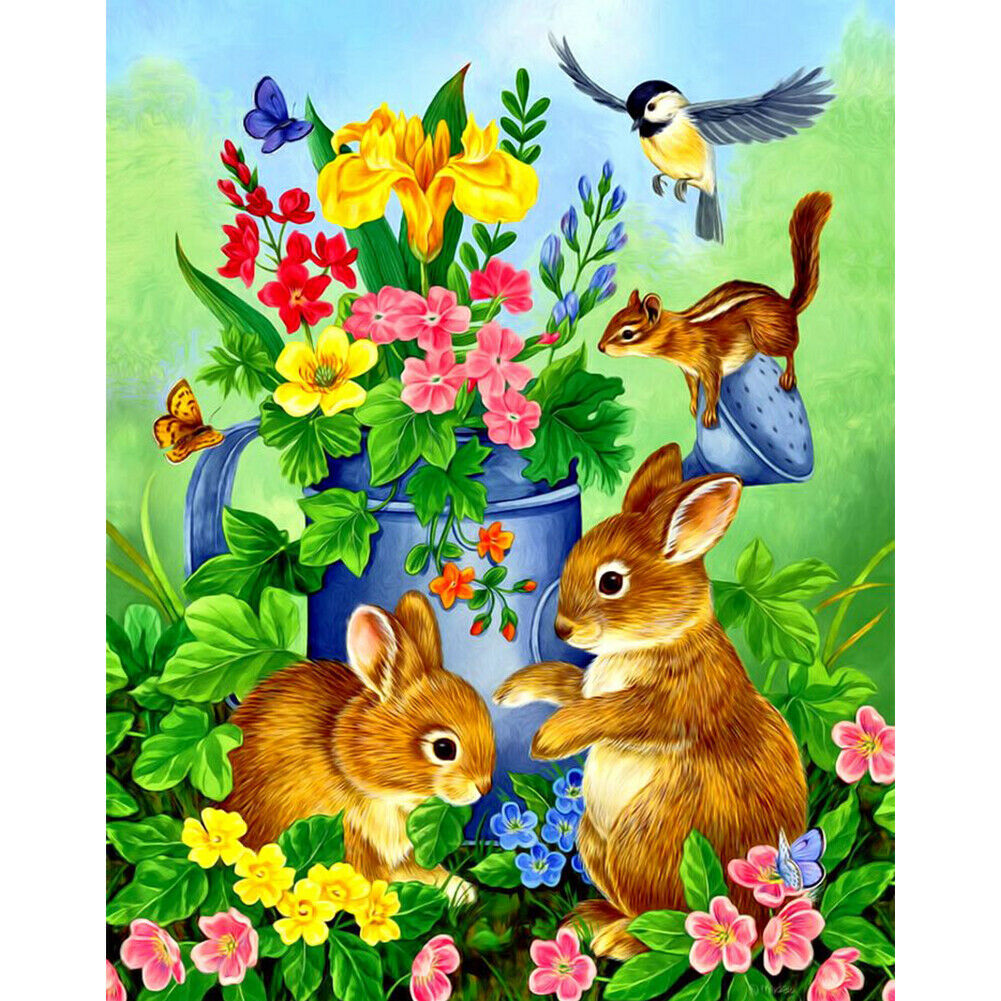5D DIY Diamond Painting Flower and Rabbit Full Round Drill Picture Handicraft