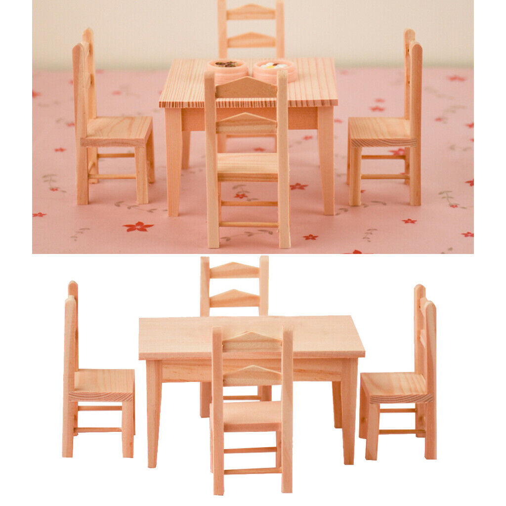 1/12 Simulation Furniture Natural Wooden Dining Table And Chairs Scene Decor