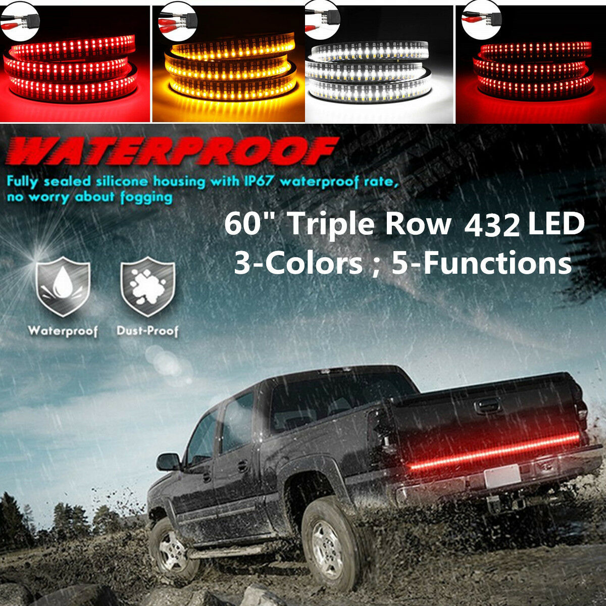 60" Triple Row 432LED 3 Colors Tailgate Light Bar Flowing Turn Signal/Brake/DRL