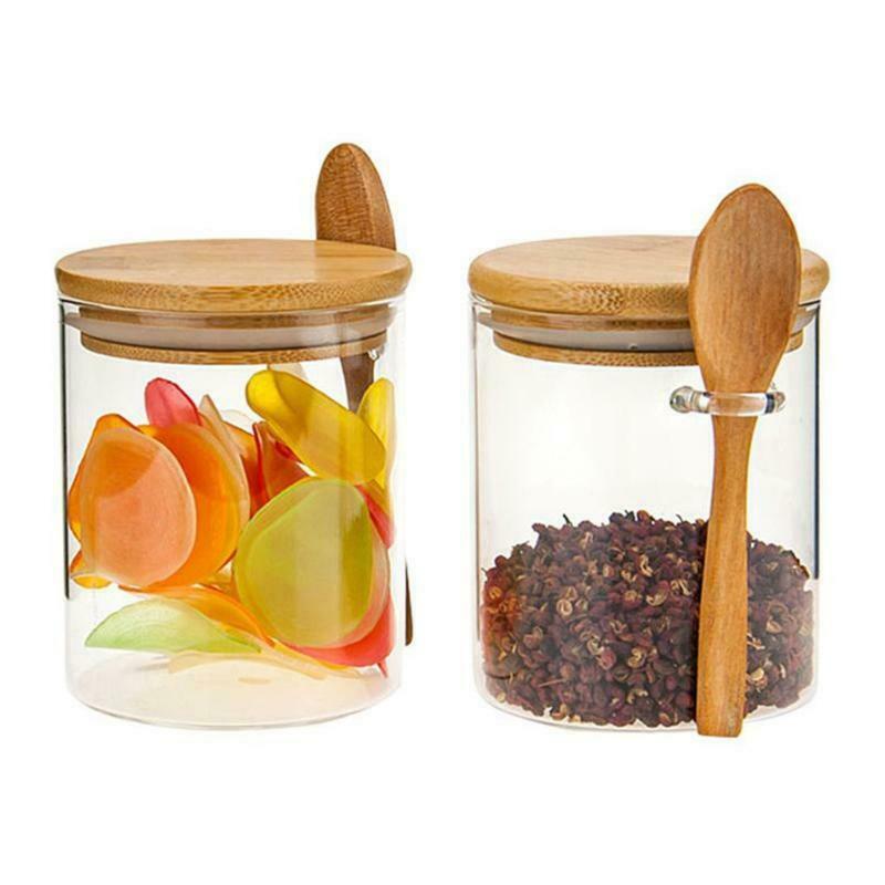 Sugar Bowl with Bamboo Lid and Spoon Clear Glass Canister Jar for Kitchen Storag