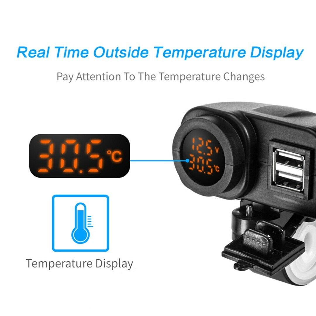 Cell Phone 2 Port USB Charger 2.1A+2.1A LED Voltmeter Thermometer For Motorcycle