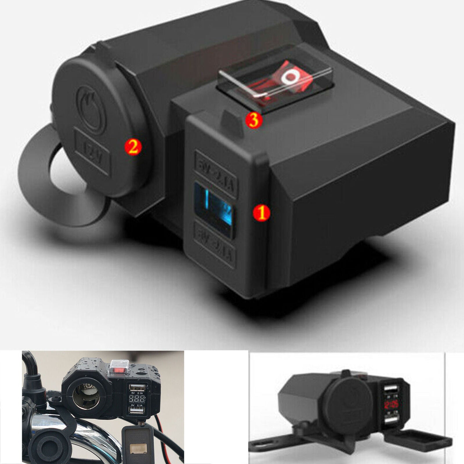 12V Motorcycle Cigarette Lighter Dual USB Power Socket Charger Switch Waterproof