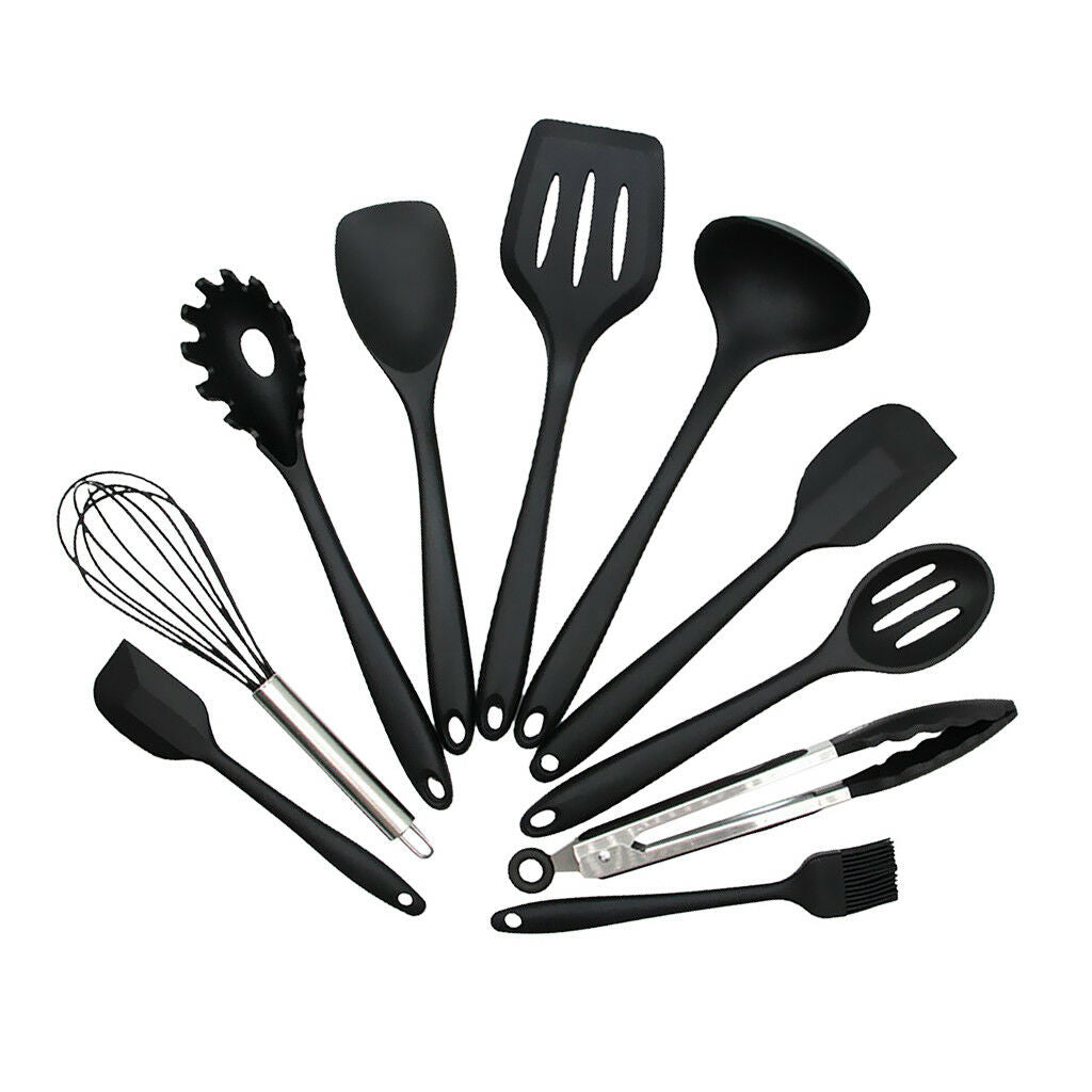 Household Silicone Cooking Kitchen Utensil Tools Spoon Spatula Black 10pcs