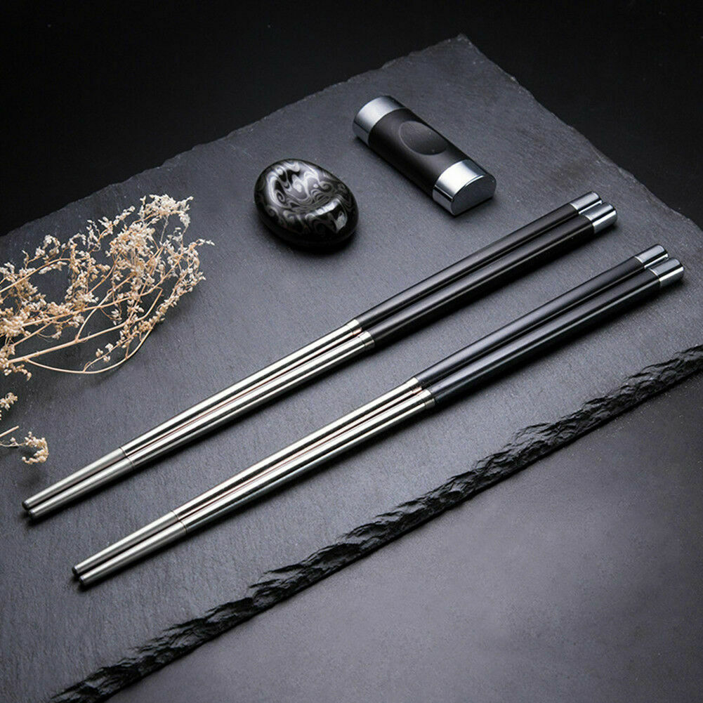 1 Pair Chopsticks Metal Korean Chinese Stainless Steel Chop Sticks Gift Black