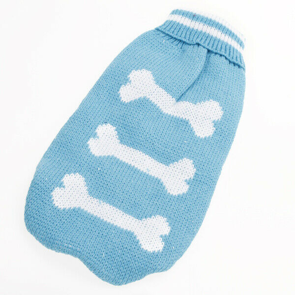 Blue Turtleneck Dog Sweater Clothes w/ Bone Patterns - Size L