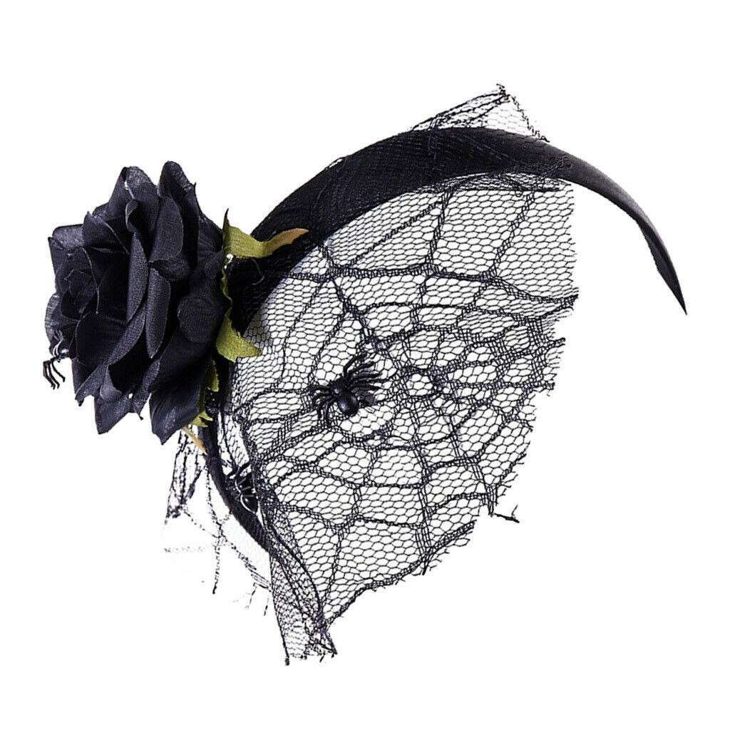 Black Flower Headband Veil Spider Headpiece Hair Band Masquerade Fancy Dress