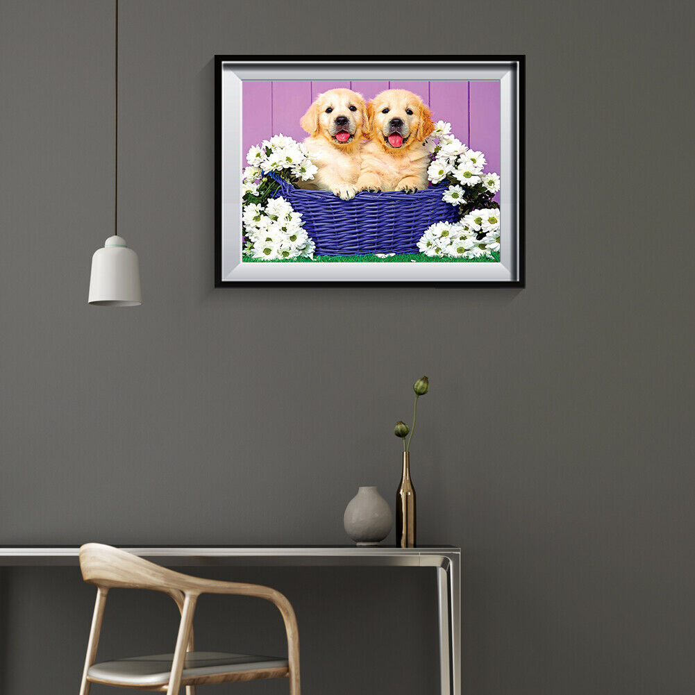 5D DIY Diamond Painting Two Dogs in Basket Full Drill Animal Cross Stitch @