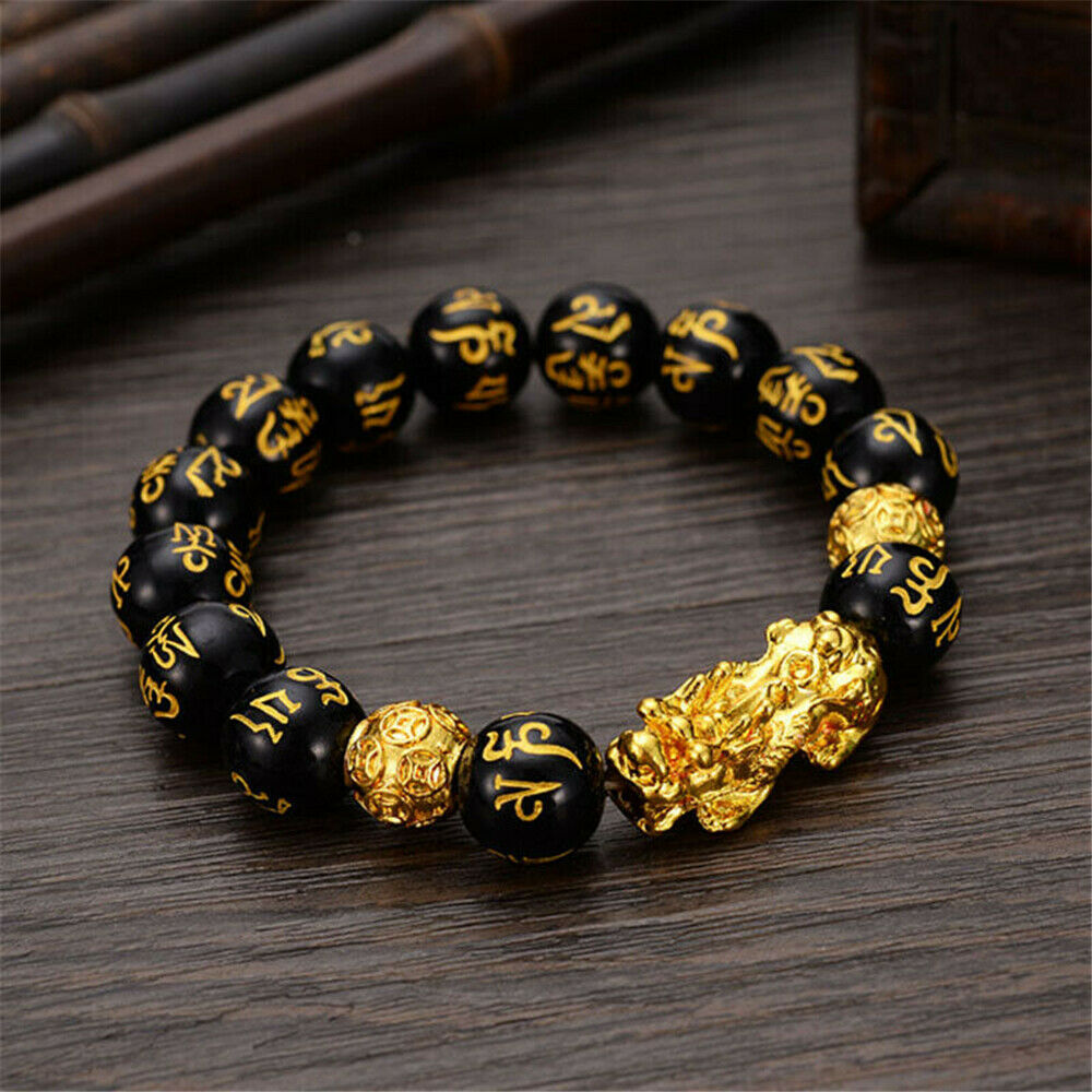 Feng Shui Black Obsidian Big Pixiu Bracelet Wealth Luck Dragon Glass Jewelry AU