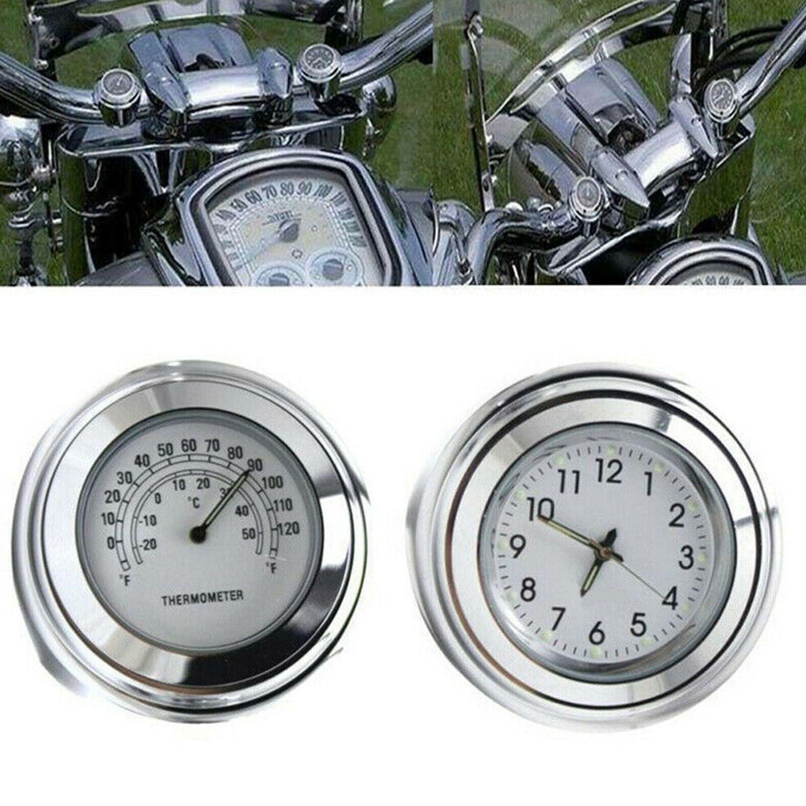 7/8" 22mm Handlebar Dial Clock Thermometer Temp Gauge Set for Motorcycle Chopper