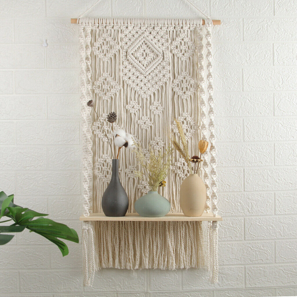 Boho Wall Hanging Shelf Woven Cotton Rope Tapestry Tassel Books Hanger