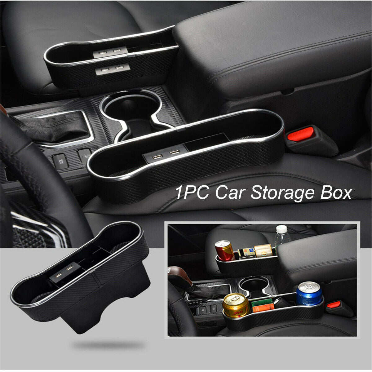 1x Universal Carbon Fiber Black Dual USB Charging Car Seat Clearance Storage Box