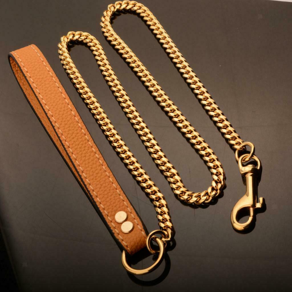 Dog Chain Leash with Leather Handle Dog Walking Leash For Medium Large Dogs