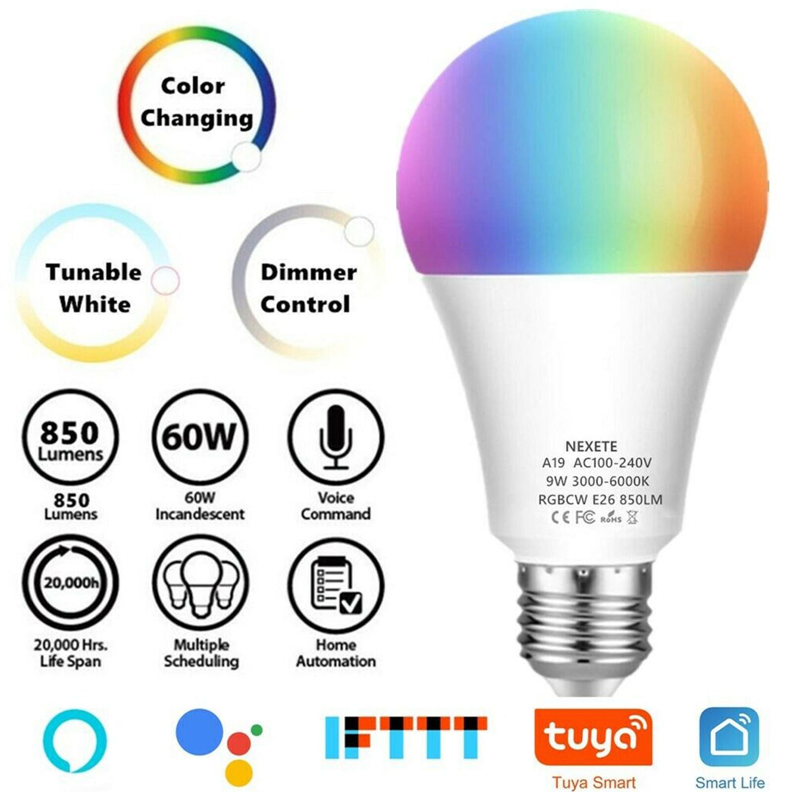 Wifi Smart LED light Bulb 9W(60W) A19 850LM RGBW Dimmable for Alexa/Google Home