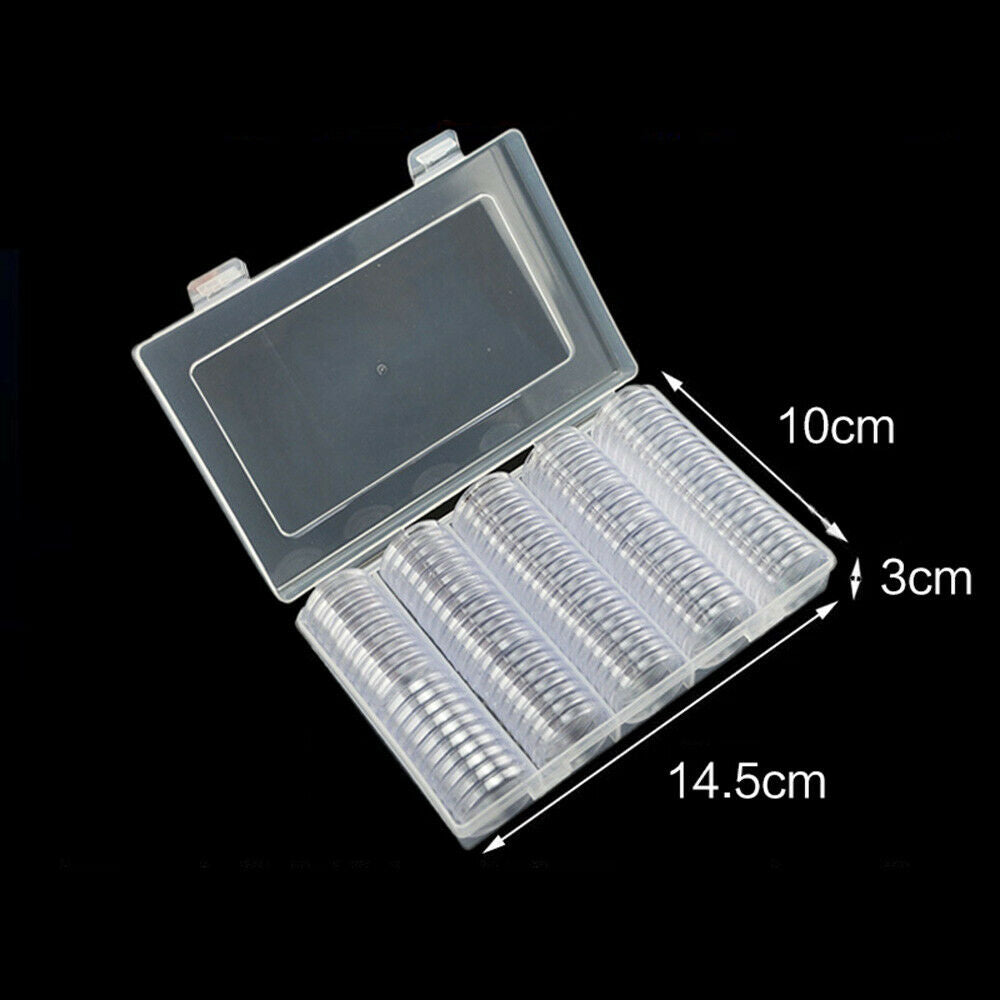 100Pcs 22.25mm Clear Coin Capsule Organizer Collection Holder Case + Storage Box