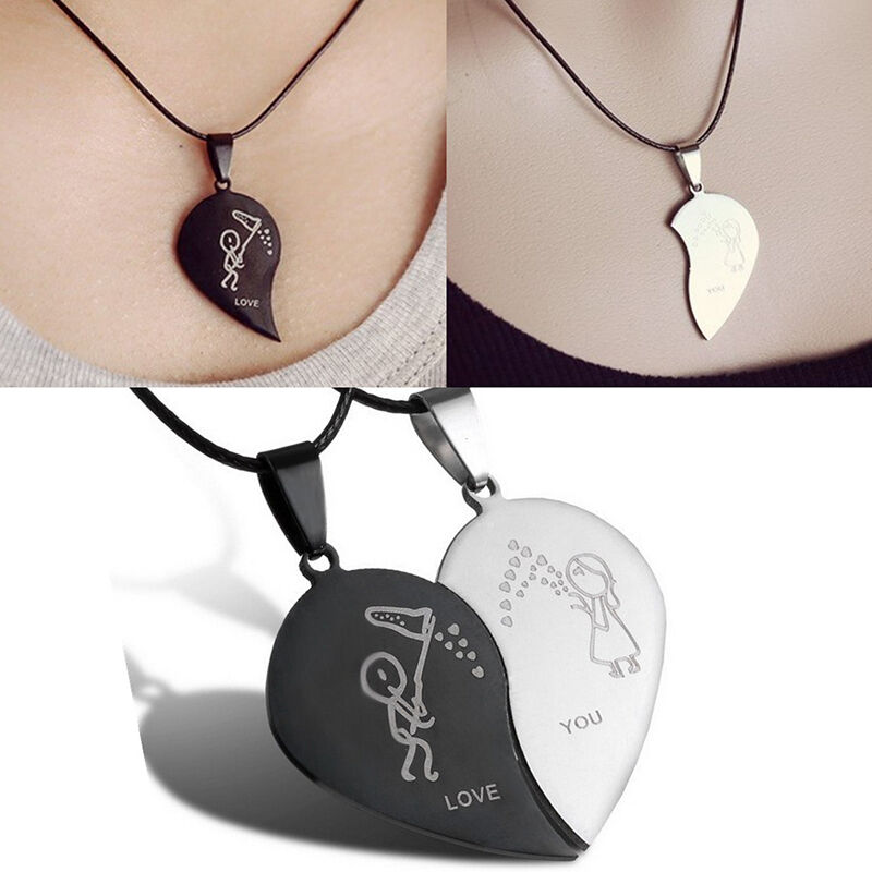 Couple Broken Heart Pendant Black Cord Engrave Love You Choker Necklace  .l8