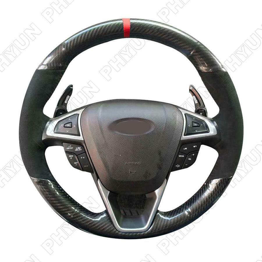 Carbon Fiber & PU Leather Steering Wheel Hand Sewing Wrap Cover For Ford Fusion