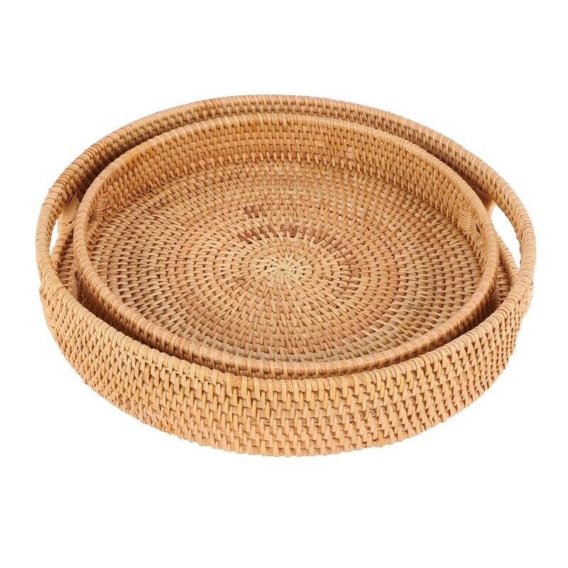 Rattan Handwoven Round High Wall Seve Tray Food Storage Platters Plate over HaE4