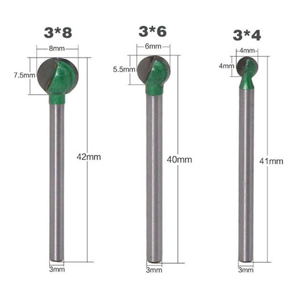 Set of 3 Woodworking Ball Cutter Router Bits  Carving - 3mm Shank