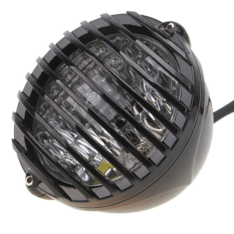 Motorcycle Finned Grill LED Headlight For Suzuki Chopper Bobber Cafe Racer Black