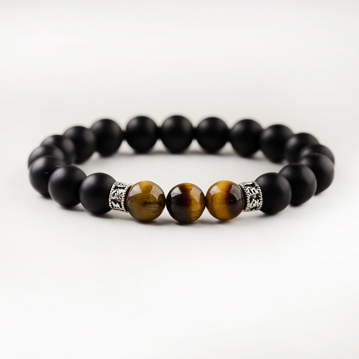 Hot Men's Fashion Black Onyx Stone Tiger Eye Sanskrit Beads Cuff Charm Bracelets