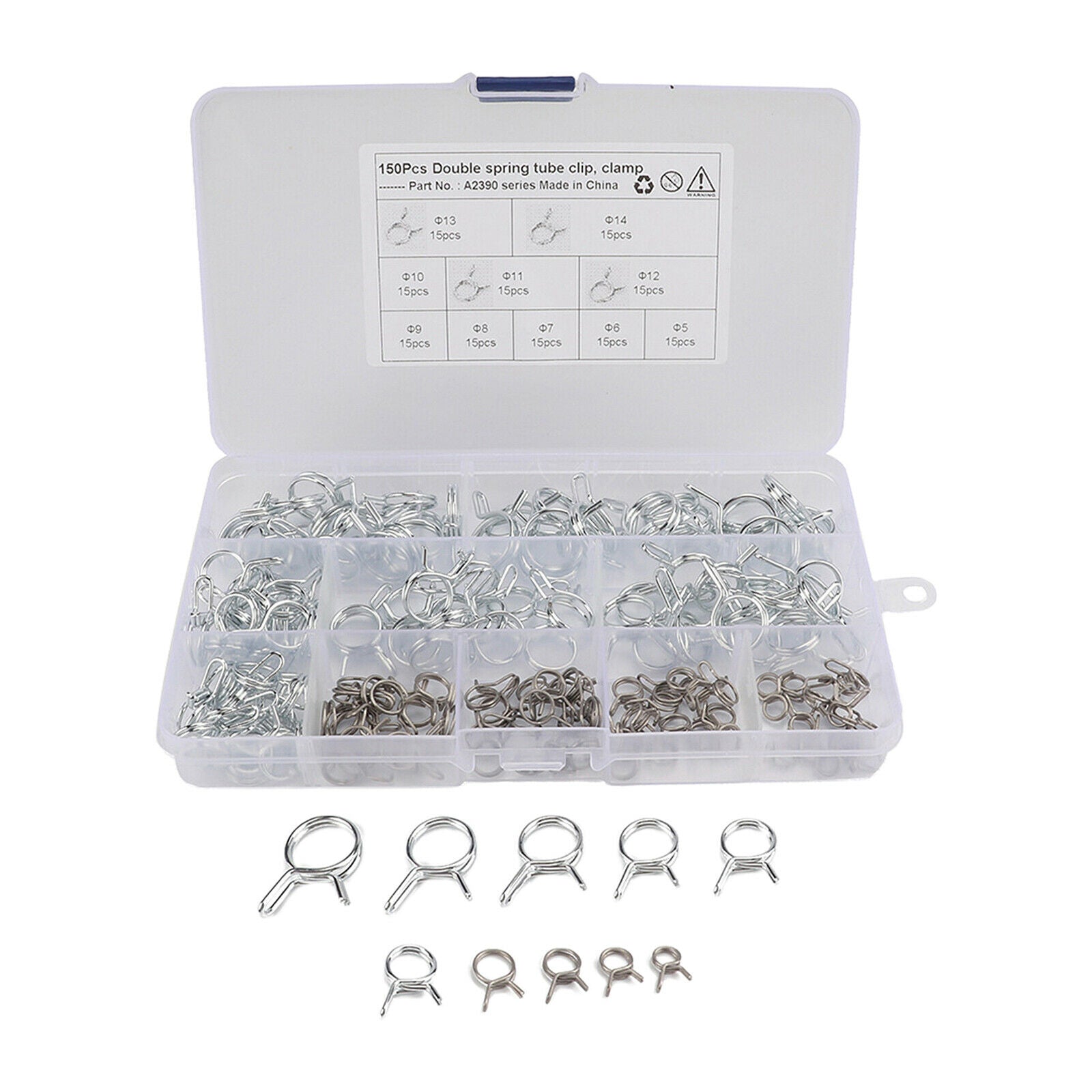 Set of 150 5-14mm Zinc Plated Fuel Line Hose Spring Clips Assortment Kit