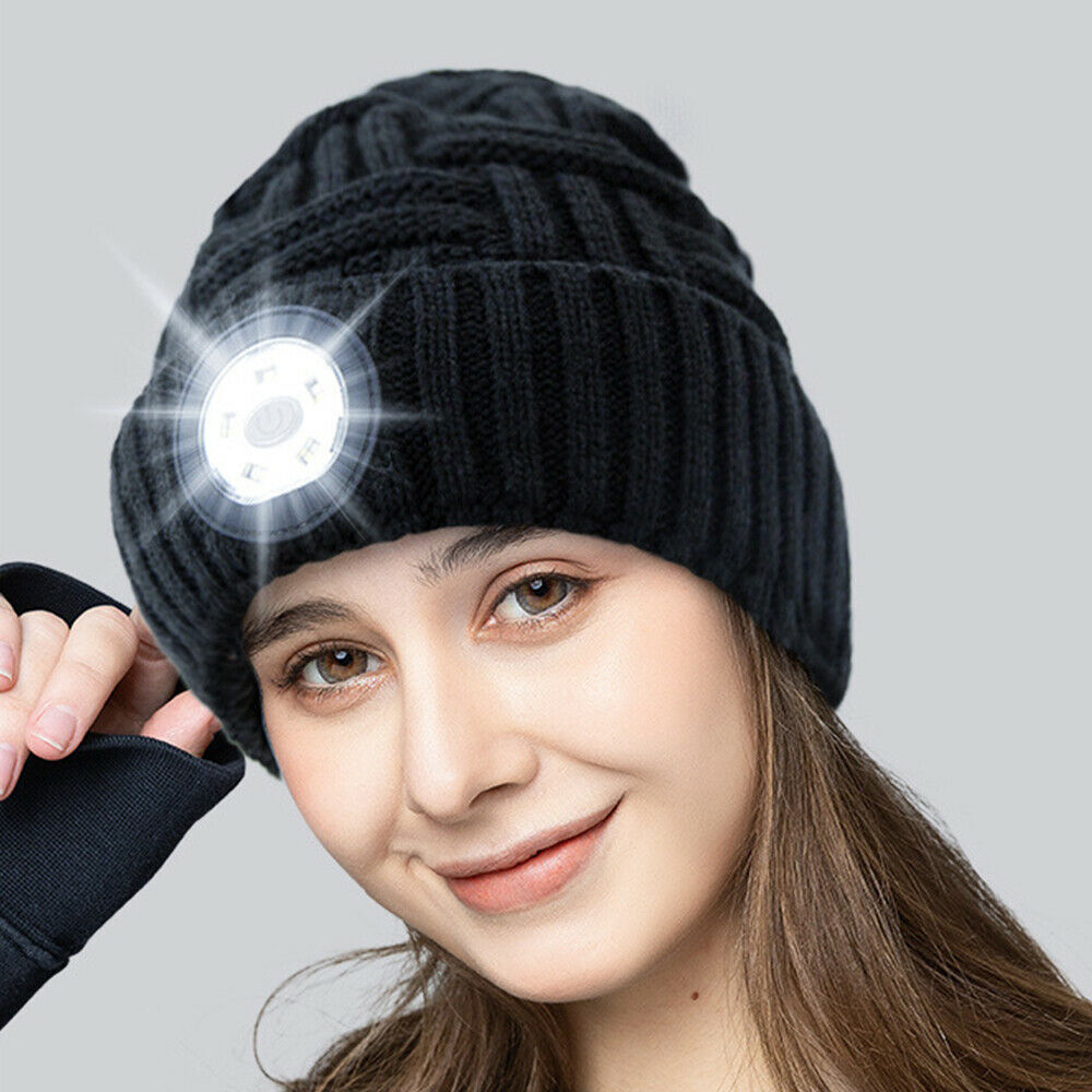 LED Head Torch Warm Beanie Hat Light Outdoor Battery/Rechargeable Headlight Lamp