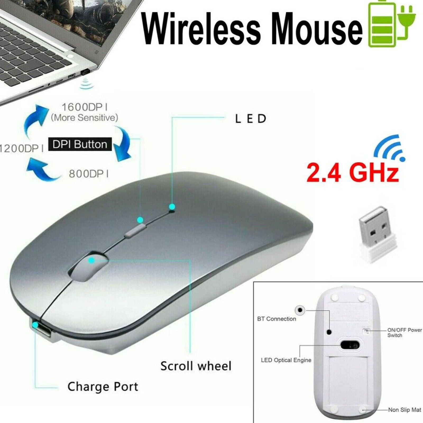 Wireless USB Rechargeable Mouse Ultra Thin Sliver For Laptop PC Tablet