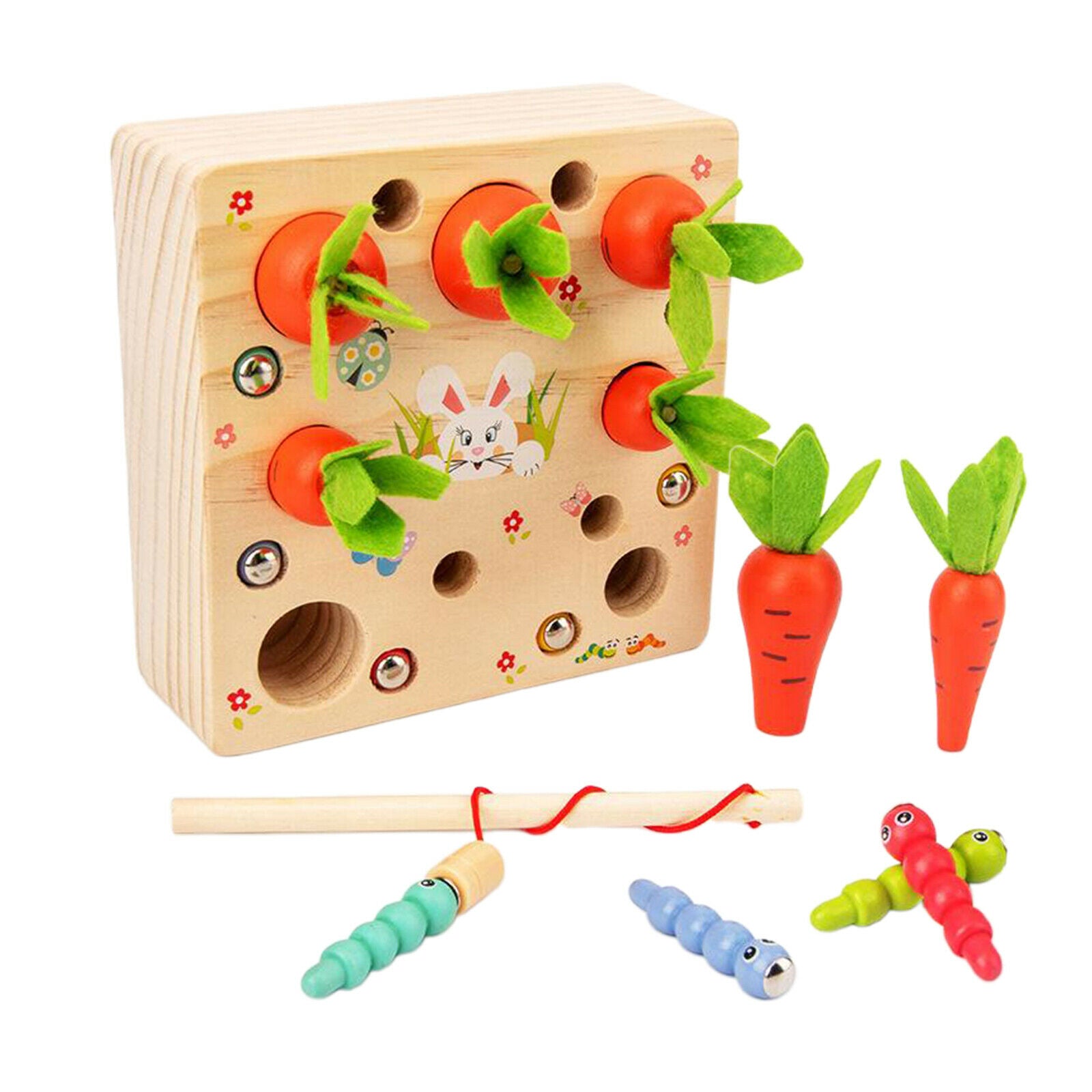 Wooden Montessori Toys, Carrots Harvest Shape Size Sorting Worm Catching