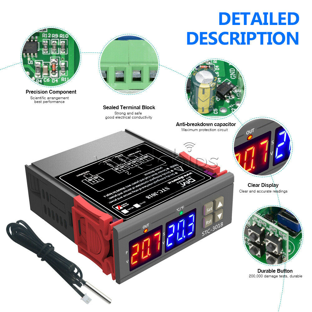 AC 110-220V Digital Temperature Controller Thermostat NTC Sensor Probe STC-3018